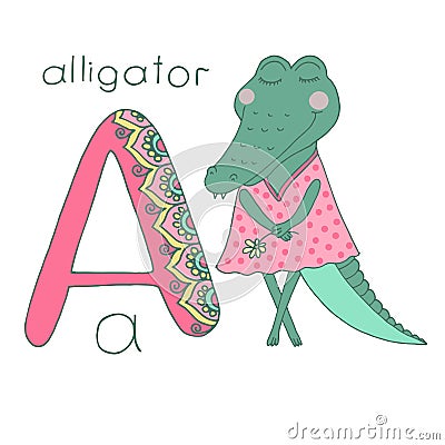 Cute alligator with closed eyes in pink dress Vector Illustration