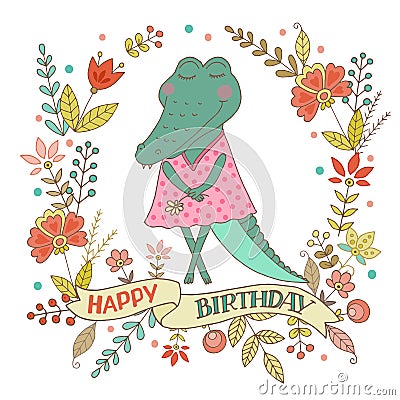 Cute alligator girl standing with flower Vector Illustration