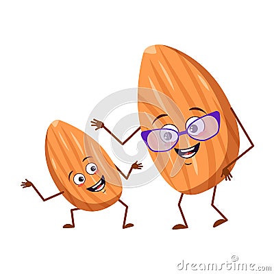 Cute almond characters with emotions, face. Funny grandmother with glasses and dancing grandson with arms and legs. The Vector Illustration