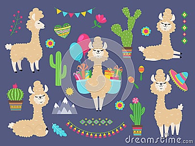 Cute alpaca. Funny cartoon llama, peru baby lamas and cacti flowers. Wild alpacas animals characters Vector Illustration