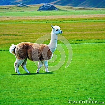 A cute alpaca herd grazes on green grass generated Cartoon Illustration