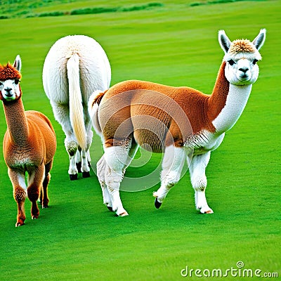 A cute alpaca herd grazes on green grass generated Cartoon Illustration