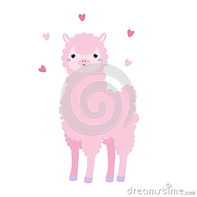 Cute alpaca. Pink llama. Cartoon lama with hearts. Kawaii style Vector Illustration