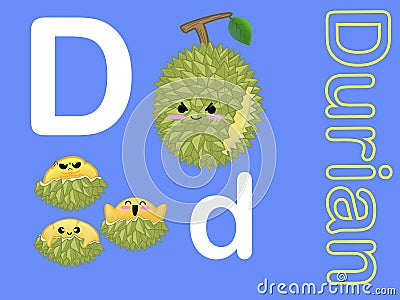 Cute alphabet letter D is for Durian in fruits and veggies flashcard collection for preschool kid learning English vocabulary Stock Photo