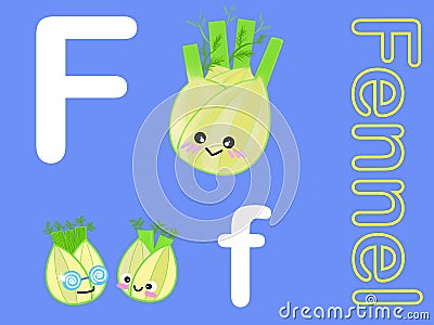 Cute alphabet letter F is for Fennel in fruits and veggies flashcard collection for preschool kid learning English vocabulary Stock Photo