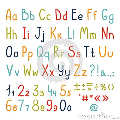 Cute alphabet set of simple kid`s handwritten letters, numbers and punctuation symbols. Lowercase and uppercase letters. Vector Vector Illustration