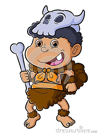 The cute ancient boy is playing with the bone Vector Illustration