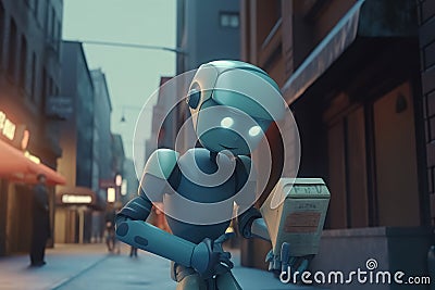 Cute android robot delivere the order to the door and is standing on the street. Delivery robot service, smart bot and Stock Photo