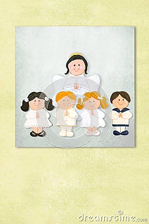 Cute Angel and childrens first communion invitation card Stock Photo