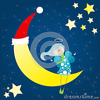 Cute angel sitting on the moon Vector Illustration