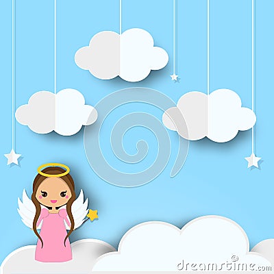 Cute angel standing on clouds in heaven. Background in paper cut, paper craft style Vector Illustration