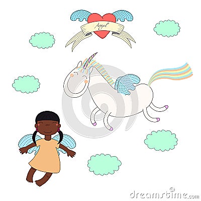 Cute angel and unicorn illustration Vector Illustration