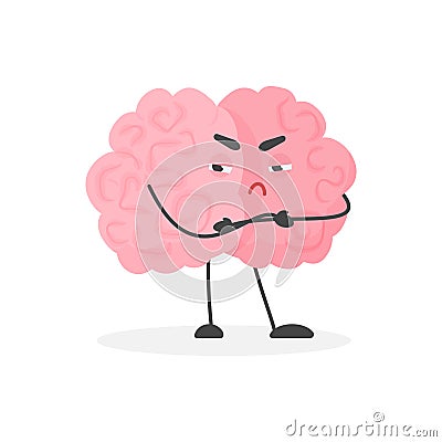 Cute angry human brain character standing with arms crossed Vector Illustration