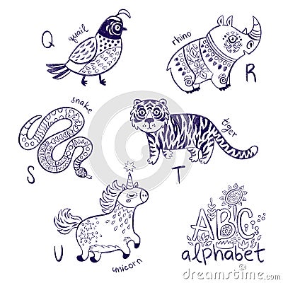 Cute zoo alphabet drawing in a chalk style. Hand drawn contour illustration Stock Photo