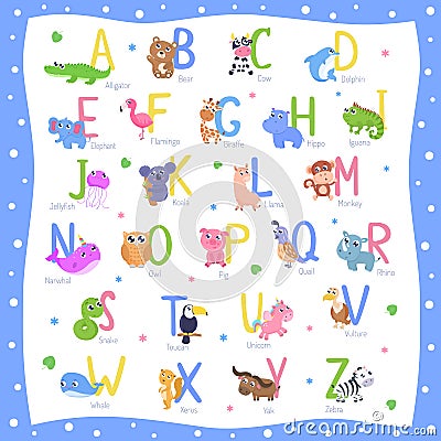 Cute animal alphabet A-Z Cartoon Illustration