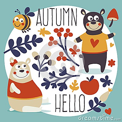 Cute animal autumn set bear, bee, flower, plant, leaf, berry, heart, friend, floral, nature, acorn, mushroom Vector Illustration