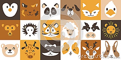 Cute animal avatars. Pets posters with baby creatures faces. Minimalistic penguin or heron heads. Placards of pigeon and Vector Illustration