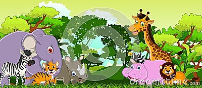Cute Animal Cartoon With Tropical Forest Background Stock Image - Image