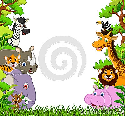 Cute animal cartoon with tropical forest background Stock Photo