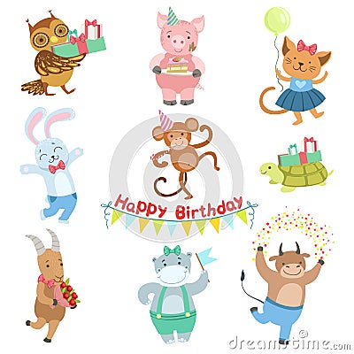 Cute Animal Characters Attending Birthday Party Celebration Set Vector Illustration