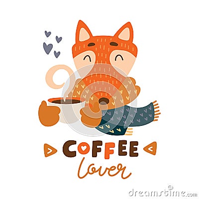 Cute animal with coffee mug vector colorful illustration. Lovely fox in scarf with coffee hot drink cup Vector Illustration