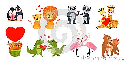 Cute animal couples romantic characters. Animals in love, hugging and hold hands. Funny cartoon bear and leo, valentine Vector Illustration