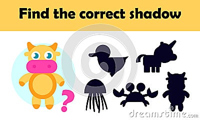 Cute animal: cow. Find the correct shadow educational game for kids. Children entertainment learning preschool game. Vector Illustration