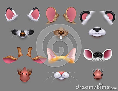 Cute animal ears and nose video effect filters. Funny animals faces masks for mobile phone vector set Vector Illustration