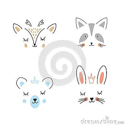 Cute Animal face. Cartoon animals collection, deer, raccoon, bear and rabbit. Vector illustration Vector Illustration