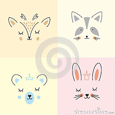 Cute Animal face. Cartoon animals collection, deer, raccoon, bear and rabbit. Vector illustration Vector Illustration