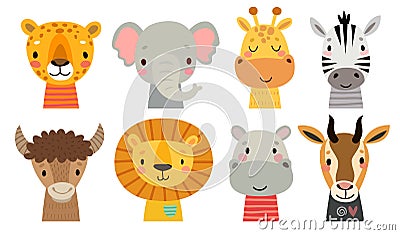 Cute animal faces. Hand drawn characters. Sweet funny animals Vector Illustration