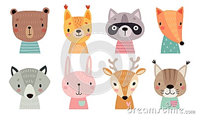 Cute animal faces. Hand drawn characters Vector Illustration