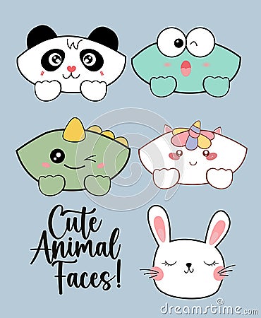 CUTE ANIMAL FACES panda bear, dinosaur, unicorn, frog, toad, rabbit Vector Illustration