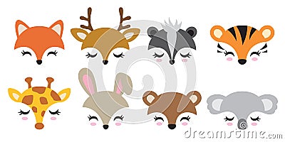 Cute Animal Faces Vector Illustration Set Vector Illustration