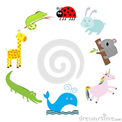Cute animal frame. Baby background. Ladybug, koala, whale, alligator, giraffe and iguana. Flat design Vector Illustration