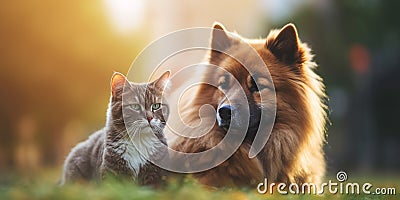 cute animal friends cat and dog in the park .Generative AI Stock Photo