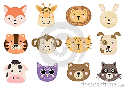 Cute animal heads for baby and children design Vector Illustration