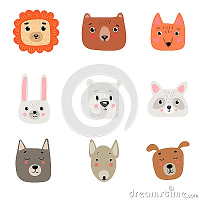 9 cute animal heads: lion, bear, Fox, hare, polar white bear, raccoon, wolf, pit bull, dog Cartoon Illustration