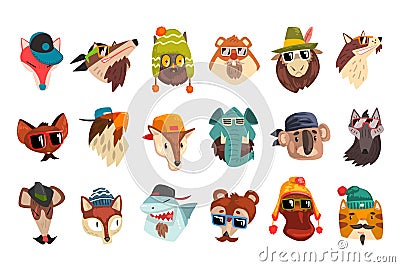 Cute Animal Heads Set, Owl, Koala, Wolf, Elephant, Tiger, Fox Wearing Stylish Headgears and Sunglas Cartoon Vector Vector Illustration