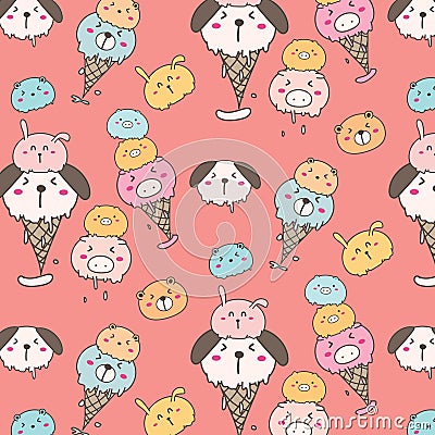 Cute Animal Ice Cream Pattern Background. Vector Illustration