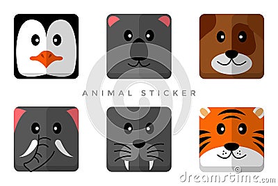 Cute Animal Icon Sticker. Penguin, Koala, Dog, Elephant, Sea Lion, Tiger Vector Illustration