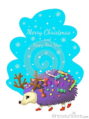 The hedgehog walks and bears candies, a card a congratulation merry Christmas and new year. Vector illustration Vector Illustration