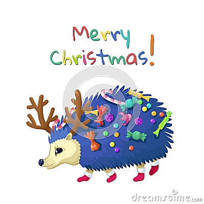 The hedgehog walks and bears candies, a card a congratulation merry Christmas. Vector illustration Vector Illustration