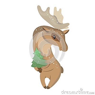 Cute animal moose with green fir tree. Christmas festive illustration. Funny character isolated on white background. Winter Cartoon Illustration