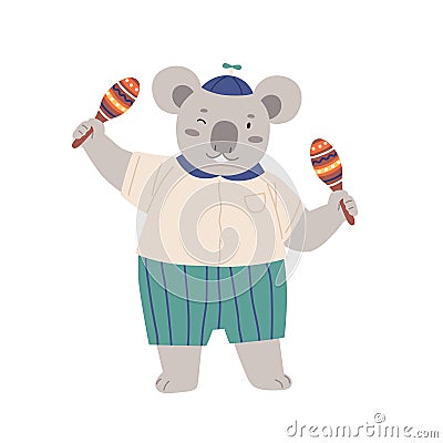 Cute animal musician playing Latin music with maracas. Happy koala shaking Mexican musical instrument. Funny kids Vector Illustration