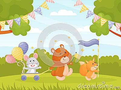 Cute Animal Parade with Flag and Balloon Vector Illustration Vector Illustration