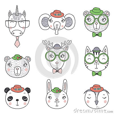 Cute animal portraits doodles Vector Illustration