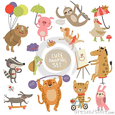 Cute animal set Illustrations with characters Vector Illustration