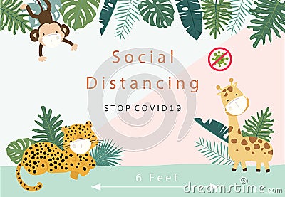 Cute animal social ditancing collection with leopard,giraffe,monkey is wearing mask.Vector illustration for prevention the spread Vector Illustration