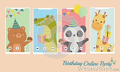 Cute Animal Video Conference Call Party Online Vector Illustration